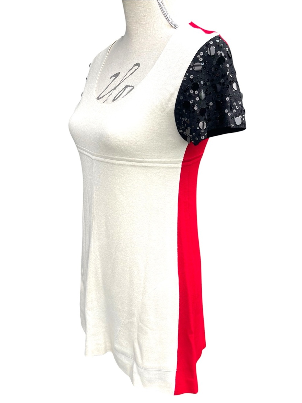 Twin-Set Ivory/Red/Black Sequin Short Sleeve A-Line Fine Knit Mini Dress (S)